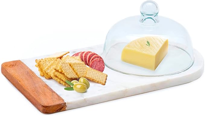 White Marble Glass Domed Cheese Board, & Cake Stand with Lid Glass Cloche Cover Gute, Handcrafted Acacia Wood Decorative, Centerpiece Platter, Kitchen Server Slab Tray Display Pastries, Pies 13x7