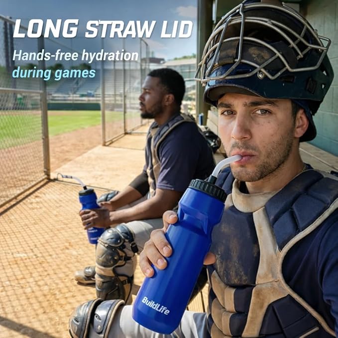 Hockey Water Bottle with Long Straw - 32 OZ Squeeze Sports Water Bottles 2 Pack with 2 Lids Each(Straw and Squeeze),Lacrosse Water Bottle for Helmet Hockey,Football,Boxing,BPA Free,Dishwash Safe(Blue)