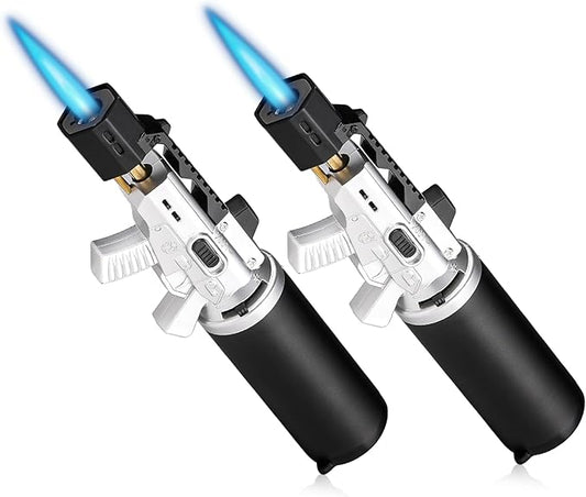 mollie Mini Butane Torch Lighter with Adjustable Flame, Small Refillable Kitchen Cooking Blow Torch for Creme Brulee, Windproof Baking Torch with Safety Lock, Silver 2-Pack (Butane Gas Not Included)