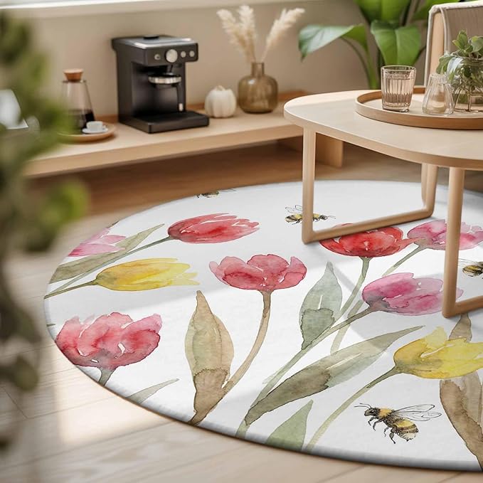 Washable Round Area Rug Red Pink Yellow Tulips Bees Circle Rugs Floor Carpet for Living Room Bedroom, Watercolor Flower Leaves Soft Non Slip Round Rug 3ft