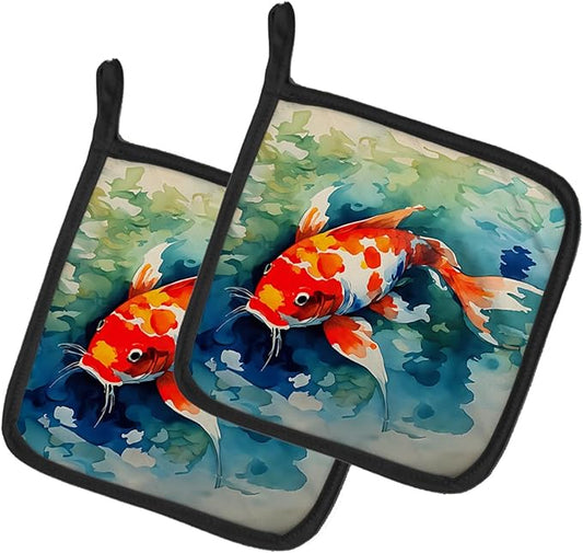 Caroline's Treasures Koi Fish Pair of Pot Holders Kitchen Heat Resistant Pot Holders Sets Oven Hot Pads for Cooking Baking BBQ, 7 1/2 x 7 1/2