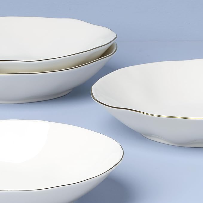 Lenox Dinnerware Set, Blue Bay White Pasta Bowls, Set of 4, Service For 4, Dishwasher and Microwave Safe, Made of Porcelain, 24 Ounce Capacity, Salad Bowl, Pasta Bowl, Gold Branding (White, 4 Pieces)