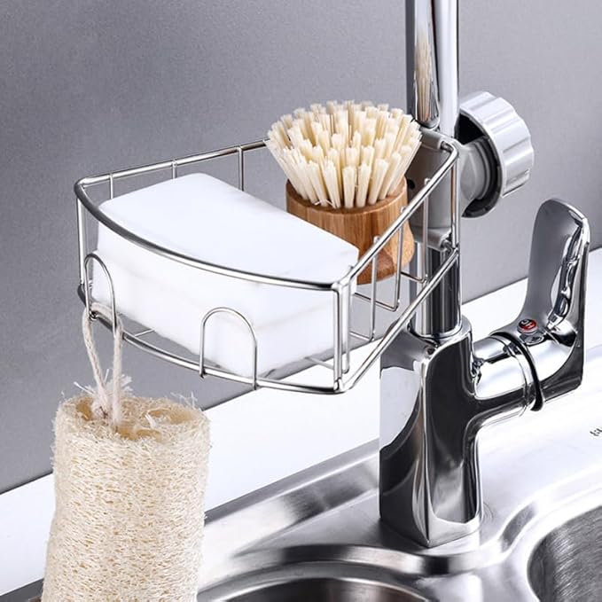 LABRIMP Stainless Steel Faucet Drain Rack Sponge Holder Soap Shelf for Kitchen Sink - Easy Installation Clamp Design for Organized Storage