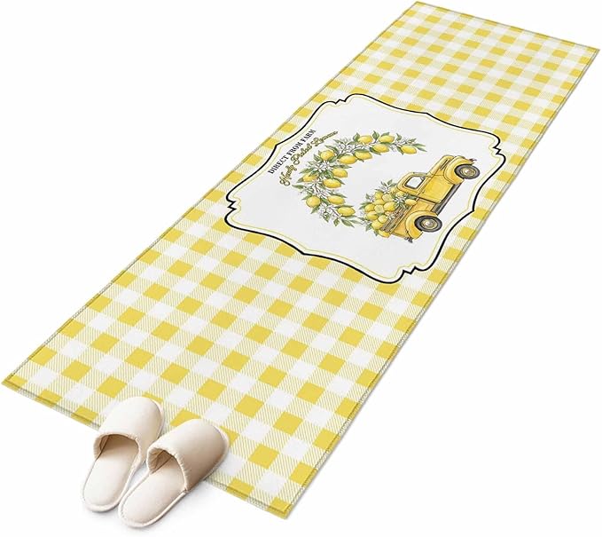 Runner Rug for Bedroom Hallway, Farm Yellow Truck Lemon Fruit Kitchen Runner Rugs Area Rug 2x6ft, Flower Leaves Buffalo Plaid Washable Soft Floor Carpet for Entryway Stair