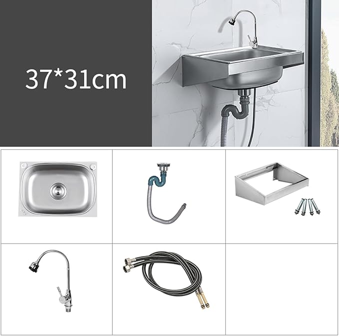 Wall Mounted Commercial Restaurant Sink, Utility Laundry Portable Handwashing Station, Stainless Steel Space Saver Hand Wash Sink with Faucet and Drain, Suitable for,37x31cm-Hot and cold water