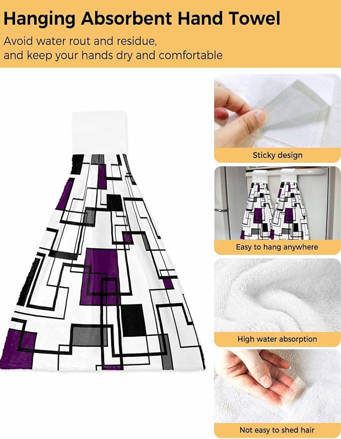 Alandar Home Kitchen Tie Towel Set of 1, Abstract Geometric Lines Art Absorbent Soft Hand Towels for Bathroom Hanging Towels, Purple Black Color Block Fast Drying Cleaning Cloth with Loop