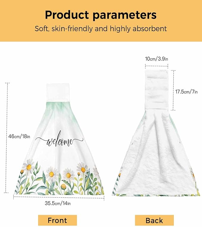 Alandar Home Kitchen Tie Towel Set of 2, Pastoral Farm Daisy Flowers Absorbent Soft Hand Towels for Bathroom Hanging Towels, Welcome on Gradient Green Fast Drying Cleaning Cloth with Loop