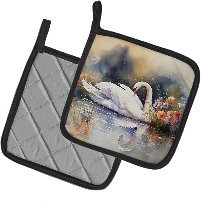 Caroline's Treasures Swan Pair of Pot Holders Kitchen Heat Resistant Pot Holders Sets Oven Hot Pads for Cooking Baking BBQ, 7 1/2 x 7 1/2