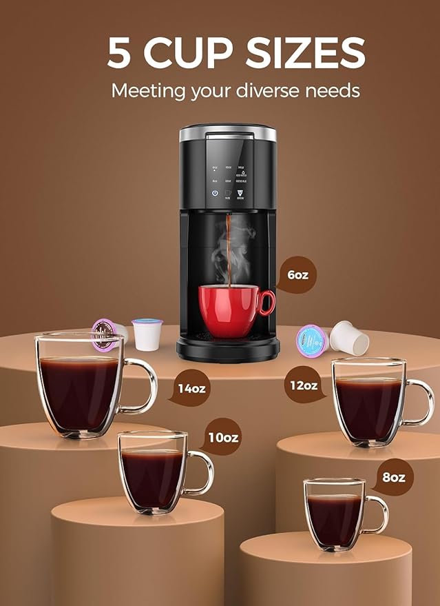 Electactic Single Serve Coffee Maker, 2 in 1 Kcup Pod & Ground Coffee Brewer, 40 Oz Removable Water Tank, 5 Brew Sizes 6-14 Oz, Self-cleaning Fast Heating Coffee Machine for Home Office