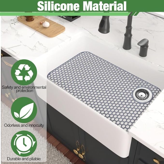 Sink Protector for Kitchen Sink Mat - 28.35"x14.37" Kitchen Sink Pad for Bottom of Sink Protec of Stainless Steel Sink Tableware Farmhouse Rubber Sink Mat Protector with Top Right Drain - Light Gray