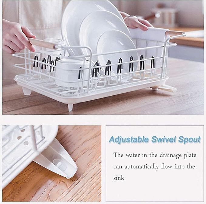 Anti Rust Dish Drainer Rack Small Drainer with Removable Drain Board and Swivel Spout Utensil Holder for Kitchen Counter and Sink Wood Handle Cutlery Basket Drain Shelf