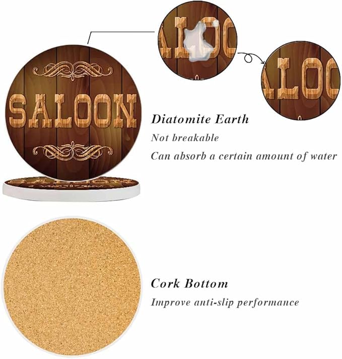 Wooden Saloon Sign Coasters Western Country Cowboy Bar Pub Vintage Absorbent Drink Coaster Set of 2 Unique Beer Beverage Coasters for Coffee Table Cup Bar Coasters Cute Cork Ceramic Coasters