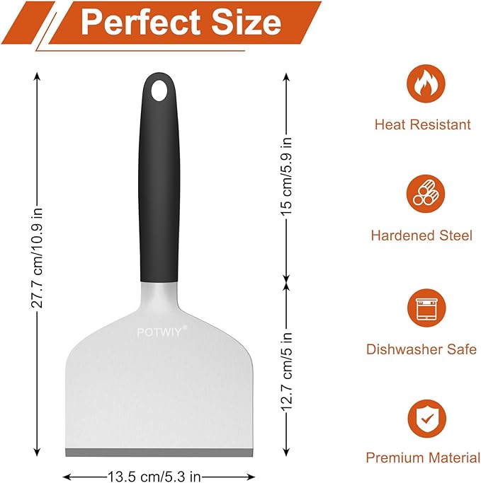 Heavy Duty Griddle Scraper, 5.3" Wide, Sharp Stainless Steel Scraper with Full Tang Silicone Handle, Great BBQ Cleaning Tool for Flat Top Grill & Griddle Cleaning Accessories (1 Pack, Large)