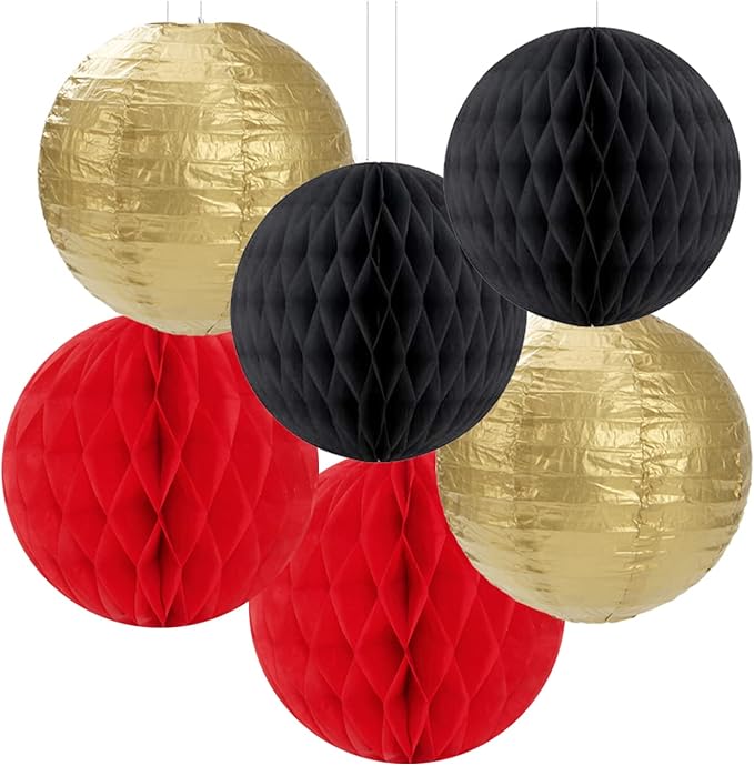 Red-Black Gold Party Decorations Streamers Lanterns - 14pcs Casino-Theme Graduation 2026 Paper Fan,Game Night Wedding Birthday Baby Bridal Shower Tissue Pom Poms,Honeycomb Balls Decor Ouruola
