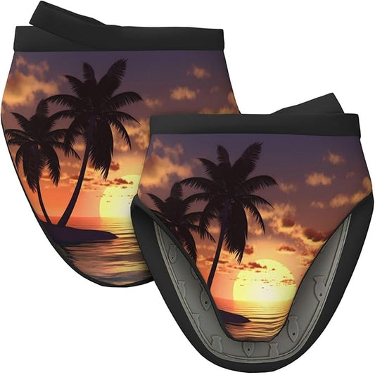 2 Pcs Mini Silicone Oven Mitts Coconut Palm Tree Heat Resistant Grill Gloves with Hanging Loop, Sea Beach Sunset Little Kitchen Mittens for Cooking Baking BBQ