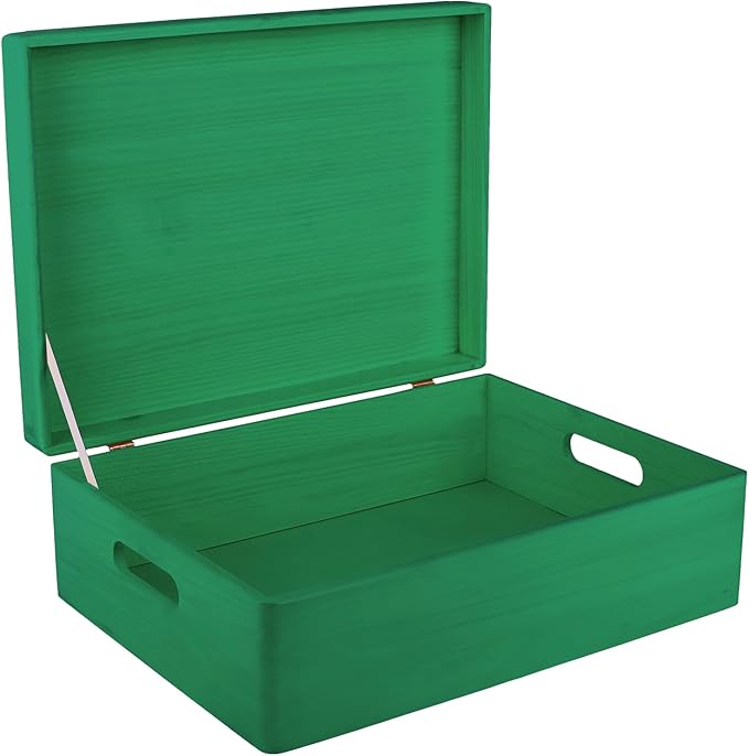 Creative Deco XL Green Wooden Box Storage with Hinged Lid | 15.8x11.8x5.5in (+-0.5) | Keepsake with Handles | Gift Box for Tool Dog Toy Kitchen Storage | Wood Chest Trunk