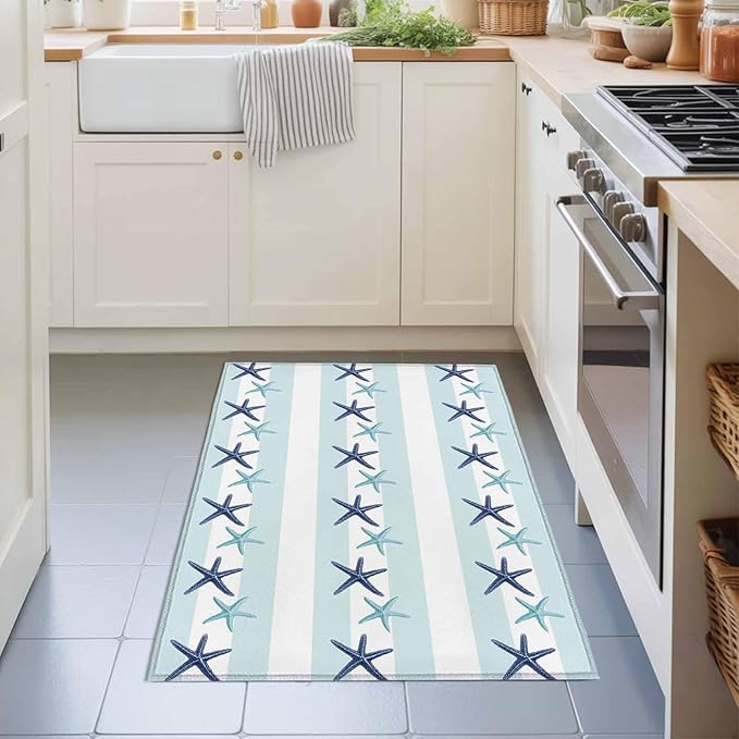 Area Rug 2x3ft, Summer Coastal Starfish Blue Teal Washable Rugs for Living Room Bedroom, Watercolor Ocean Theme Stripe Soft Non-Slip Area Rugs Rectangle Floor Carpet for Dining Room