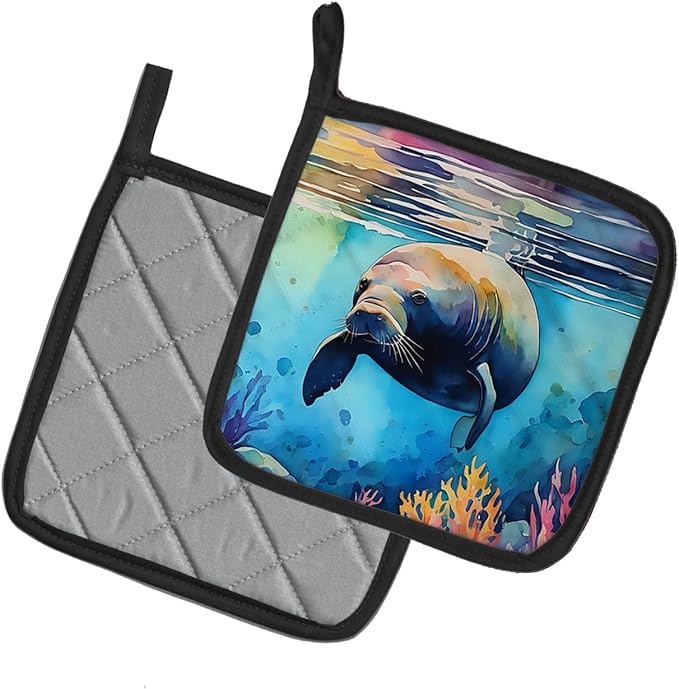 Caroline's Treasures Manatee Pair of Pot Holders Kitchen Heat Resistant Pot Holders Sets Oven Hot Pads for Cooking Baking BBQ, 7 1/2 x 7 1/2