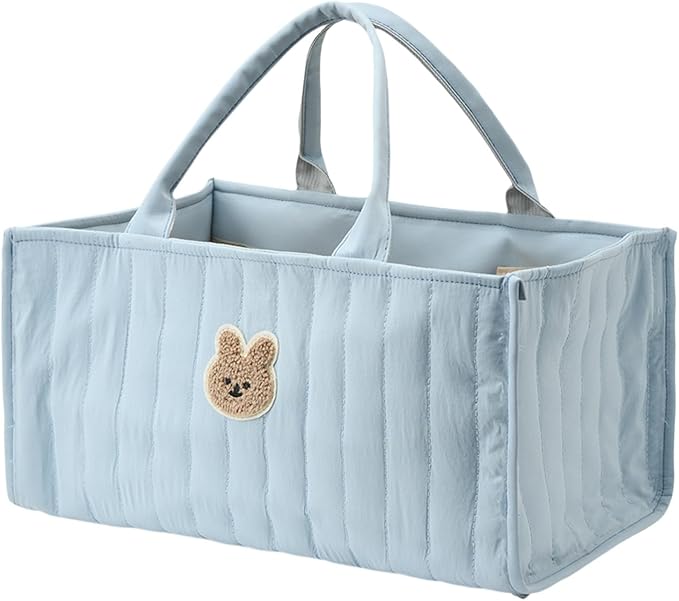 Quilted Fabric Storage Basket Floral Baby Diaper Caddy Quilted Basket for Nursery Bedroom Car Storage (L- Blue Bear)