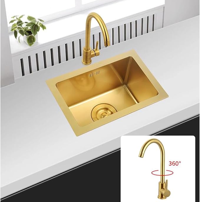Single Bowl Space-Saving Mini Sink Compact Kitchen Sink Undermount Sink Gold Stainless Steel Restaurant Studio Sink Utility Sink for Small Areas Faucet Sink Combo (Gold 38 * 38cm)