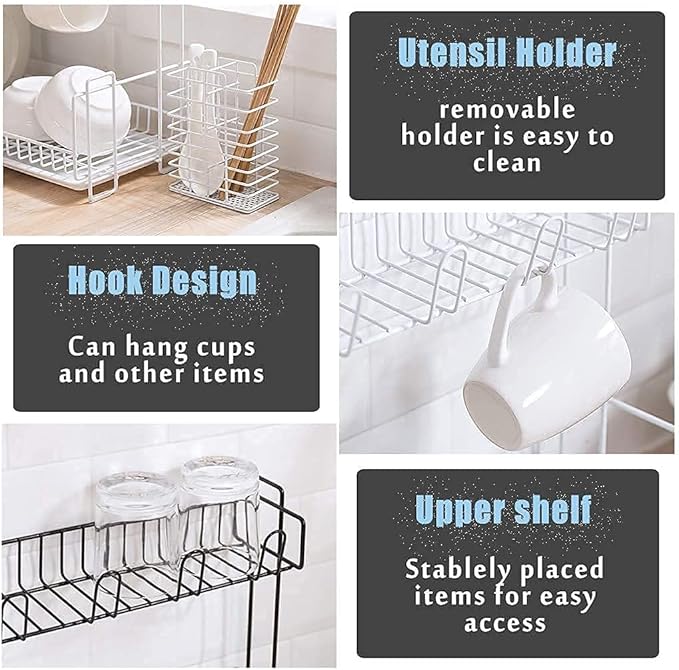 Anti Rust Dish Drainer Rack Anti-Rust Set with Removable Drain Board and Glass Holder for Kitchen Counter Top 2 Layer Modern Organizer Cutlery Basket Drain Shelf