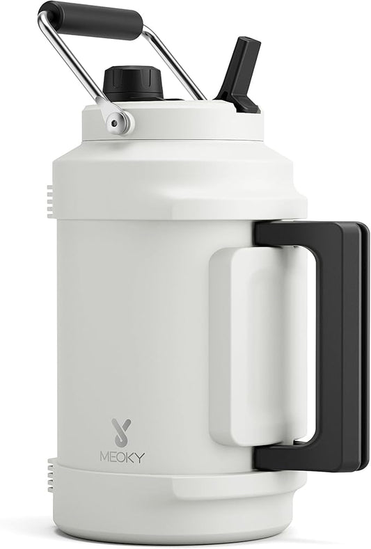 1 Gallon Insulated Water Bottle for Sports: Meoky 128 oz Triple Wall Vacuum Stainless Steel Water Jug - Top and Side Handles, Cold for 48 Hrs, 2-in-1 Straw and Spout Lid, Leak Proof for Hiking (Ivory)