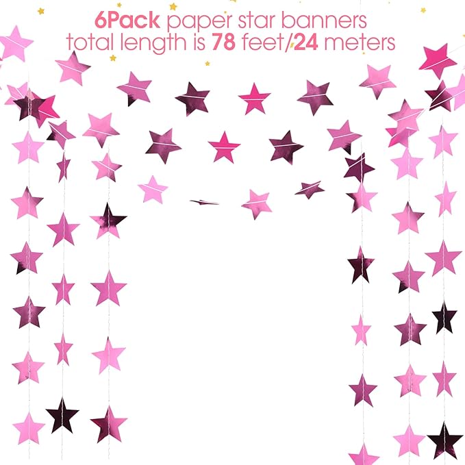 Patelai 78 Feet Glitter Star Garland Banner 2026 Party Decoration Double Side Star Hanging String Streamer Paper Twinkle for Graduation Wedding Birthday (Pink)