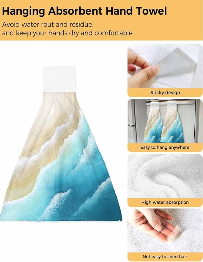Alandar Home Kitchen Tie Towel Set of 2, Summer Blue Gradients Wave Absorbent Soft Hand Towels for Bathroom Hanging Towels, Sandy Beaches Fast Drying Cleaning Cloth with Loop