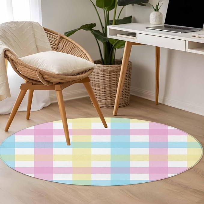 Washable Round Area Rug Spring Easter Colorful Lattice Circle Rugs Floor Carpet for Living Room Bedroom, Minimalist Buffalo Checker Soft Non Slip Round Rug 4ft