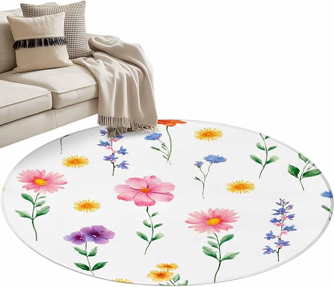 Washable Round Area Rug Watercolor Farmhouse Flower Circle Rugs Floor Carpet for Living Room Bedroom, Yellow Pink Purple Blue Floral Soft Non Slip Round Rug 3ft