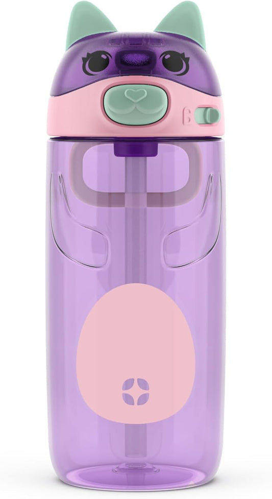 Ello Ellies 16oz Plastic Kids Water Bottle with Straw and Built-in Carrying Handle and Leak-Proof Locking Lid for School backpack, Lunchbox and Outdoor Sports, Cat