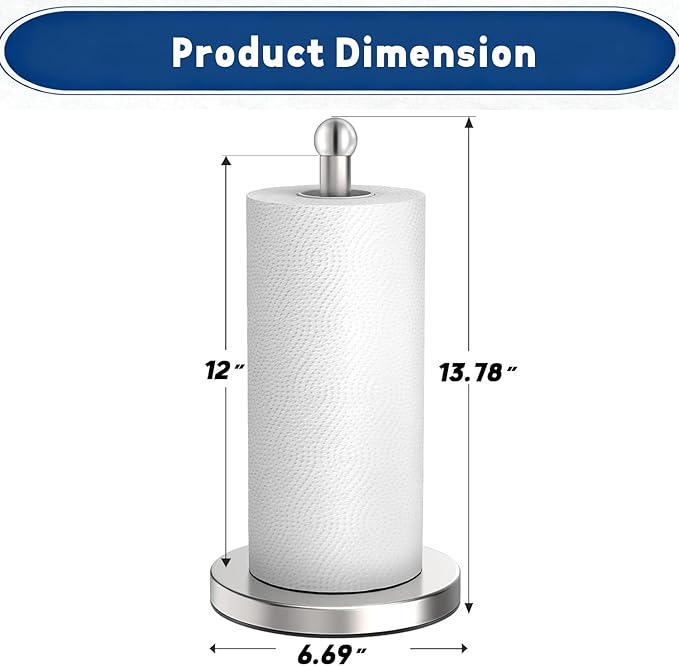 DAWNER Paper Towel Holder Freestanding, Weighted Base with Suction Cups, Easy One-Handed Tear Stainless Steel Brushed Nickel Paper Towel Stand for Kitchen Bathroom Countertop