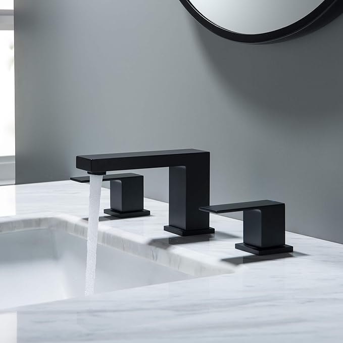 KIBI 2-Handle Cube Bathroom Sink Faucet with Drain Assembly | 3-Hole Installation, Solid Brass Construction | 8-Inch Wide Spread Lavatory Faucet | Matte Black, KBF1024