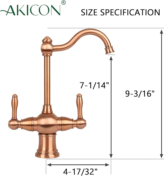 Akicon Two-Handles Copper Drinking Water Filter Faucet, Dual Lever Hot and Cold Water Faucet for Instant Hot Water Tank Dispenser & Filtration System (Classical Style)