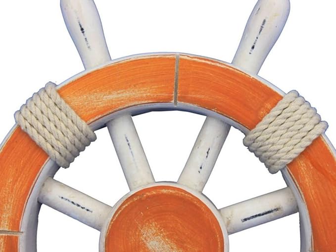 Handcrafted Model Ships Rustic Orange and White Decorative Ship Wheel with Seashell 12"- Sailing Ship W