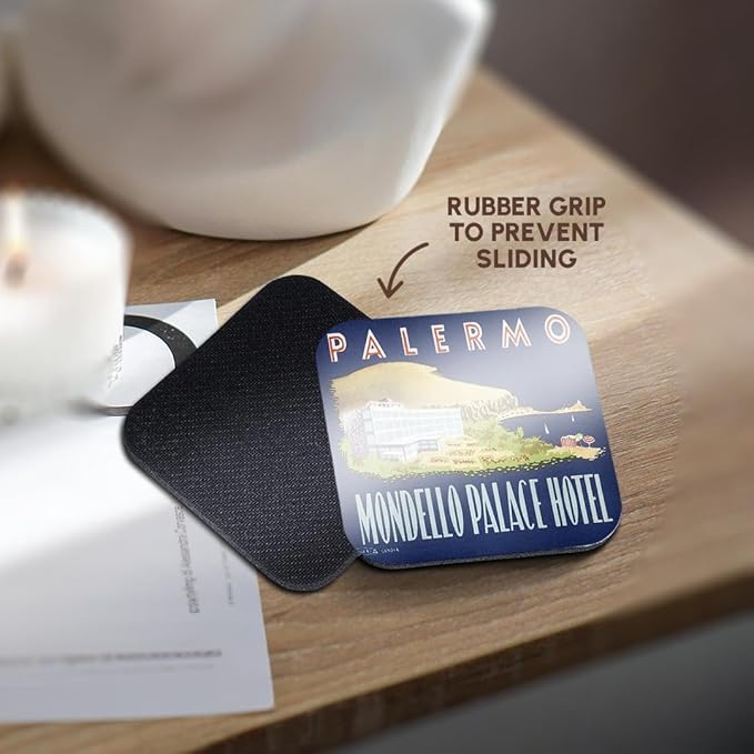 3dRose cst_129870_1 Vintage Palermo Italy Mondello Palace Hotel Luggage Label-Soft Coasters, Set of 4