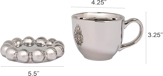 Bloomingville 12-Ounce Stoneware Mug with Ball Edge Saucer, Chrome-Finish
