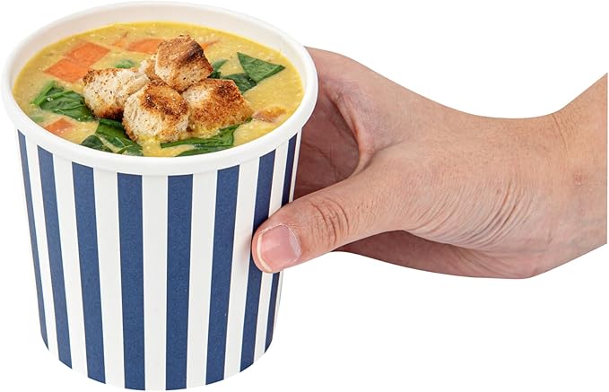 Restaurantware Bio Tek 12 Ounce Soup Containers 200 Durable Soup Bowls - Disposable Sustainable Blue And White Paper Soup Cups Striped Round For Hot Or Cold Foods