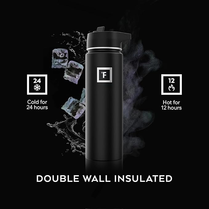IRON °FLASK Camping & Hiking Hydration Flask with Straw, Wide Mouth Insulated Stainless Steel Sports Water Bottle - 40 oz Midnight Black