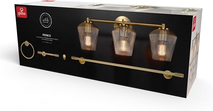 GLOBE Electric 63000063 5-Piece All-in-One Bathroom Set, Matte Brass Finish, 3-Light Vanity Light, Glass Shades, Towel Bar, Toilet Paper Holder, Towel Ring, Robe Hook, Bathroom Lights Over Mirror