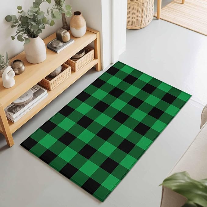 Area Rug 2x3ft, St. Patrick's Day Lucky Green Black Plaid Washable Rugs for Living Room Bedroom, Buffalo Lattice Soft Non-Slip Area Rugs Rectangle Floor Carpet for Dining Room