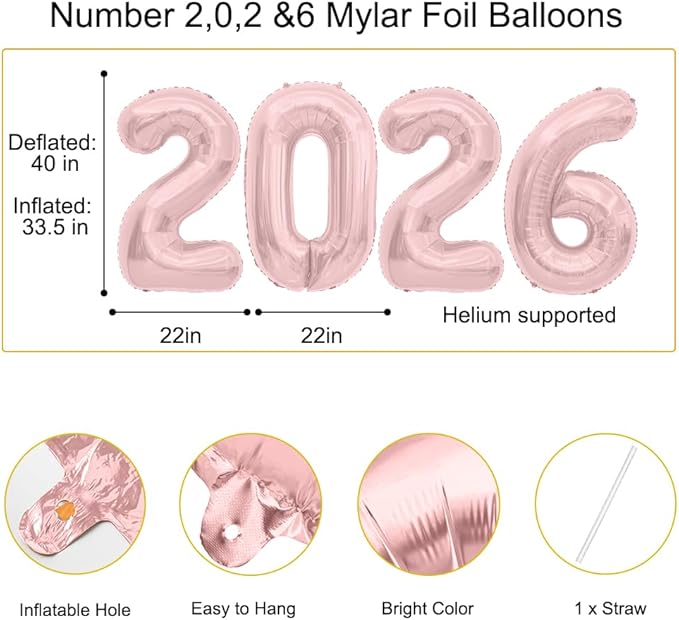 2026 Balloons, 2026 Foil Number Balloons, 40 inch 2026 Balloons New Year, Large Rose Gold 2026 Mylar Balloons for 2026 New Years Eve Party Supplies Festival Birthday Anniversary Graduation Decorations