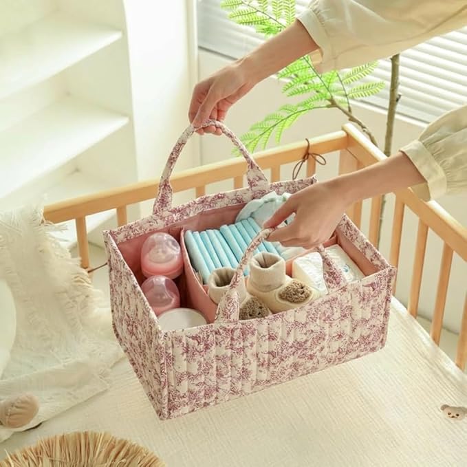 Quilted Fabric Storage Basket Floral Baby Diaper Caddy Quilted Basket Organizer for Newborn Nursery Bedroom Car Storage