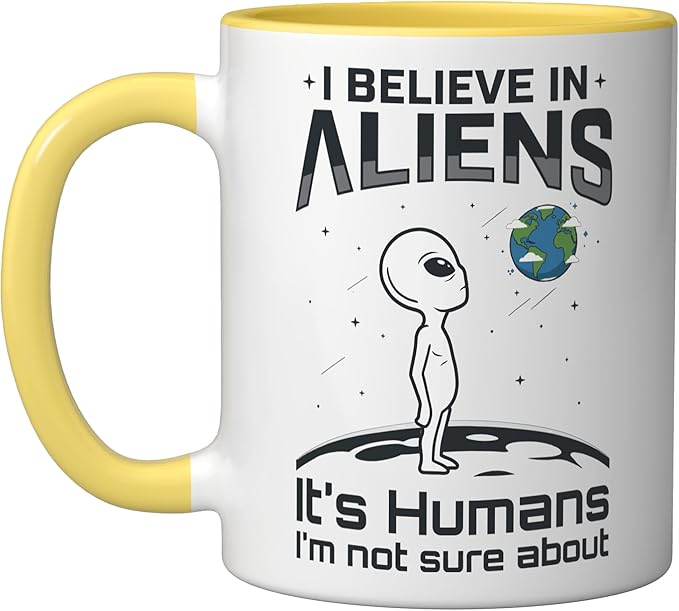 Alien Believer UFO Extraterrestrial Space Lover Ceramic Mug, Yellow/White