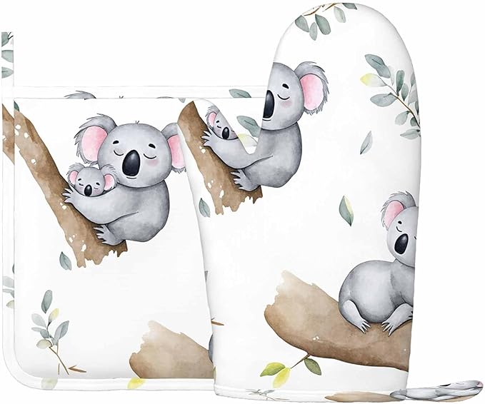 Mxocom Cute Koalas Oven Mitts and Pot Holders Sets Kawaii Baby Koala Mom Koala Tropical Leaves Silicone Heat Resistant Kitchen Oven Gloves Pot Holder for Cooking