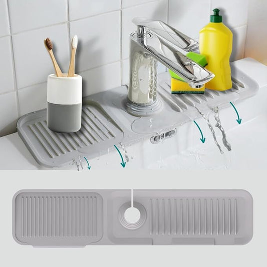 Kitchen Sink Splash Guard (23.6" x 5.5") - 5 Slope Silicone Draining Mat, Faucet Mat With Soap Dispenser & Sponge Holder, Water Drip Catcher Tray (Light Grey)