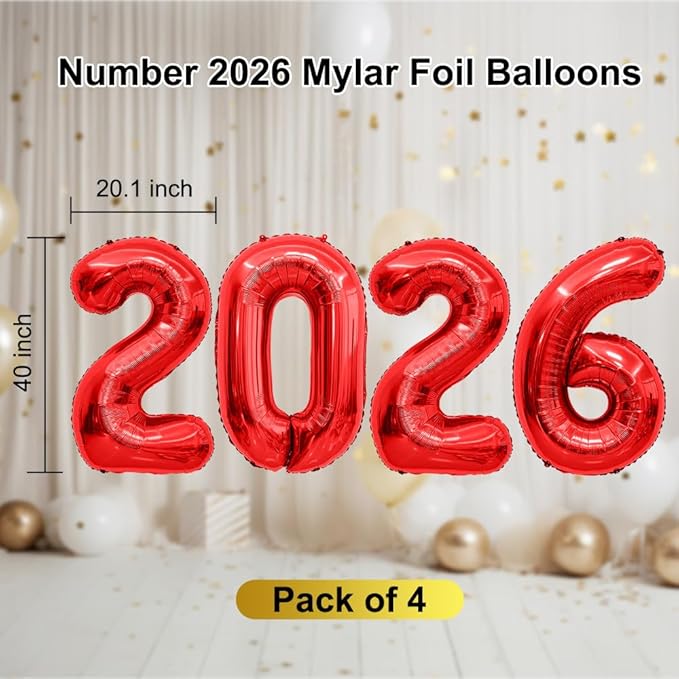 2026 Balloons 40 Inch 2026 Balloon Numbers Red for New Years Decorations New Years Balloons for Graduation Nye Decoration 20 26 Mylar Foil Number Balloon for Happy New Year Graduation Party Supplies