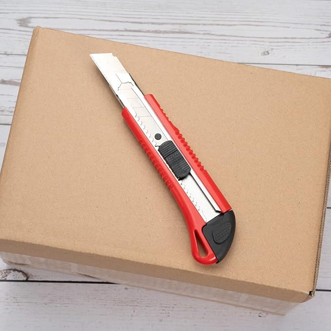 Handy Tek 6.5 Inch Utility Knives, 4 Anti-Slip Box Knives - Heavy Duty, Retractable, Red Plastic Box Cutters, Built-In Lock, Sharp Blade - Restaurantware