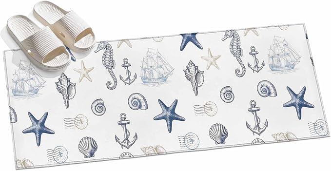 Runner Rug for Bedroom Hallway, Ocean Starfish Seahorse Shell Conch Kitchen Runner Rugs Area Rug 2x6ft, Nautical Compass Anchor Washable Soft Floor Carpet for Entryway Stair