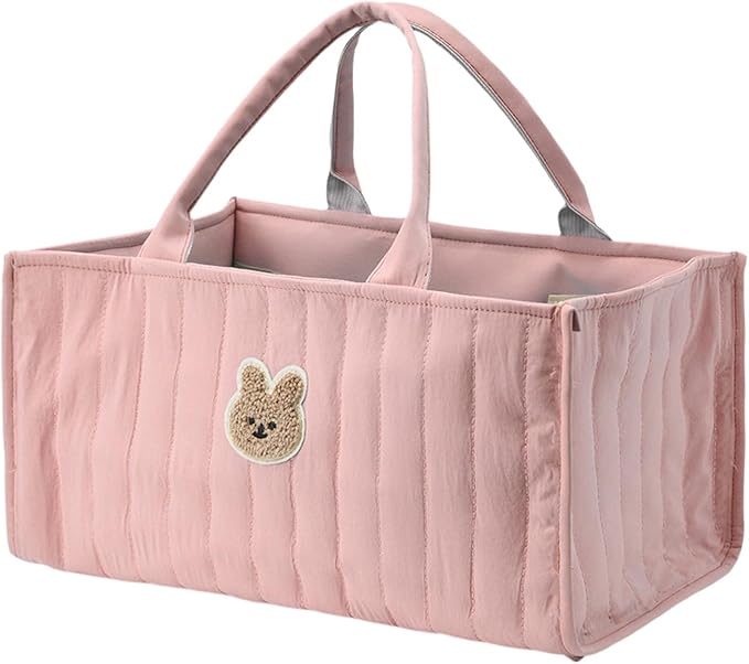 Quilted Fabric Storage Basket Floral Baby Diaper Caddy Quilted Basket for Nursery Bedroom Car Storage (L- Pink Bear)
